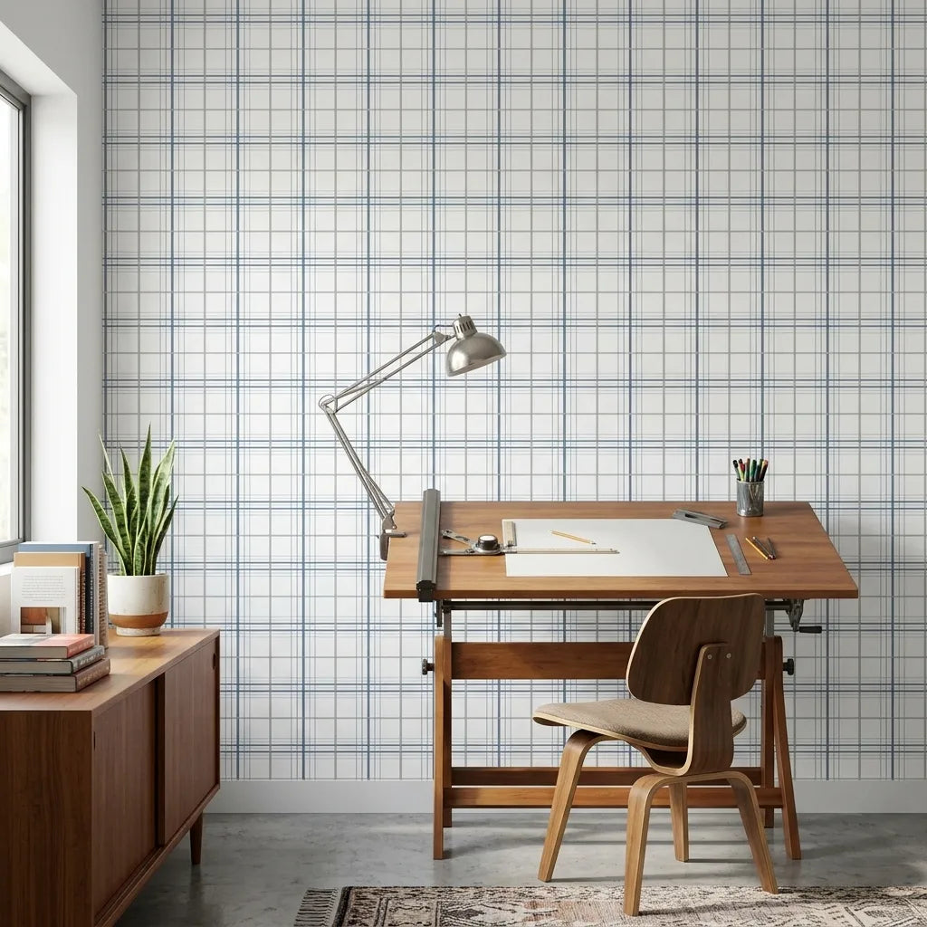 Home Office - Stylish workspace with York Wallcoverings' Lakeside Plaid wallpaper in blue and grey hues, perfect for productivity.