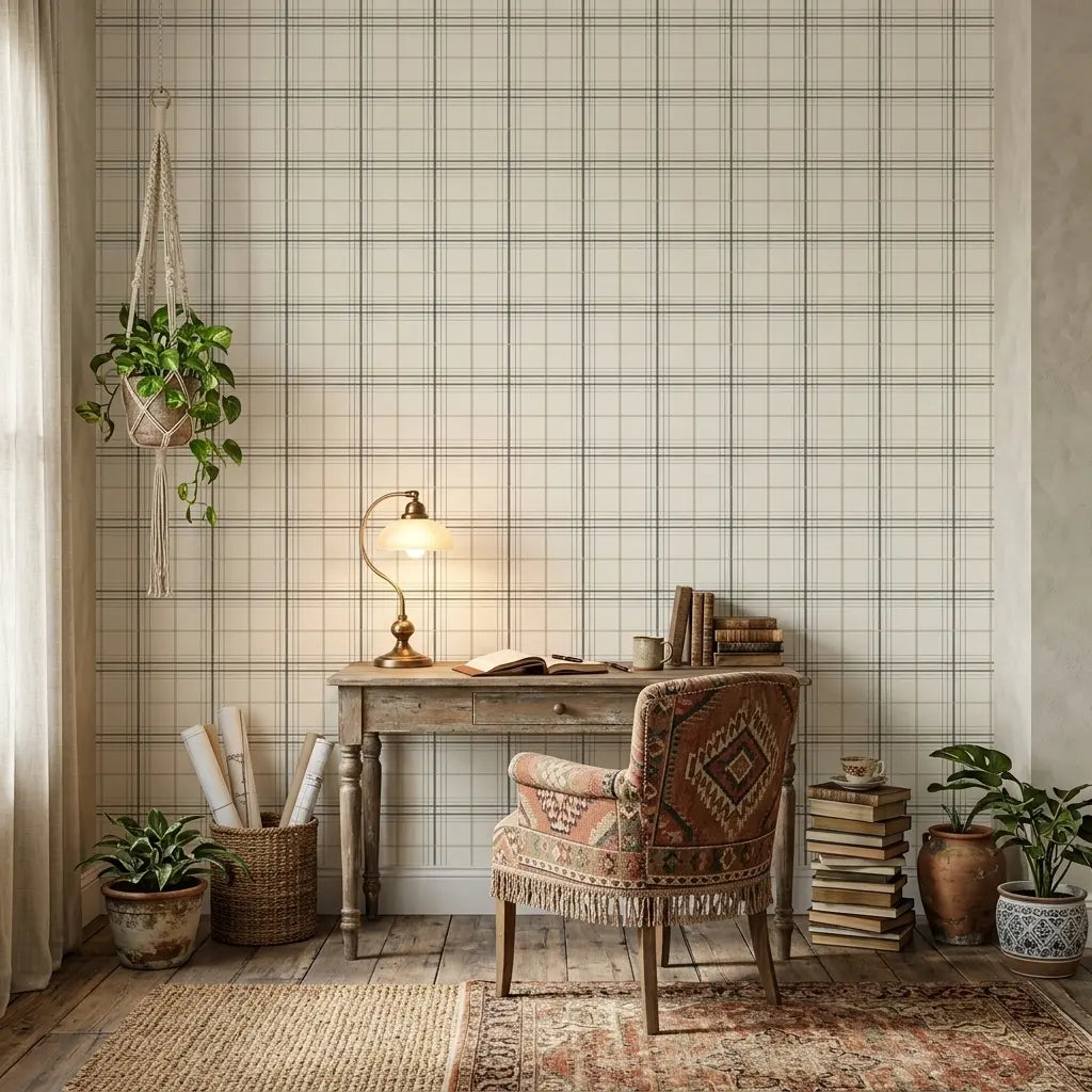 Home Office - Serene space with Lakeside Plaid wallpaper in Warm Ivory Neutrals by York Wallcoverings, creating a cozy and stylish work area.