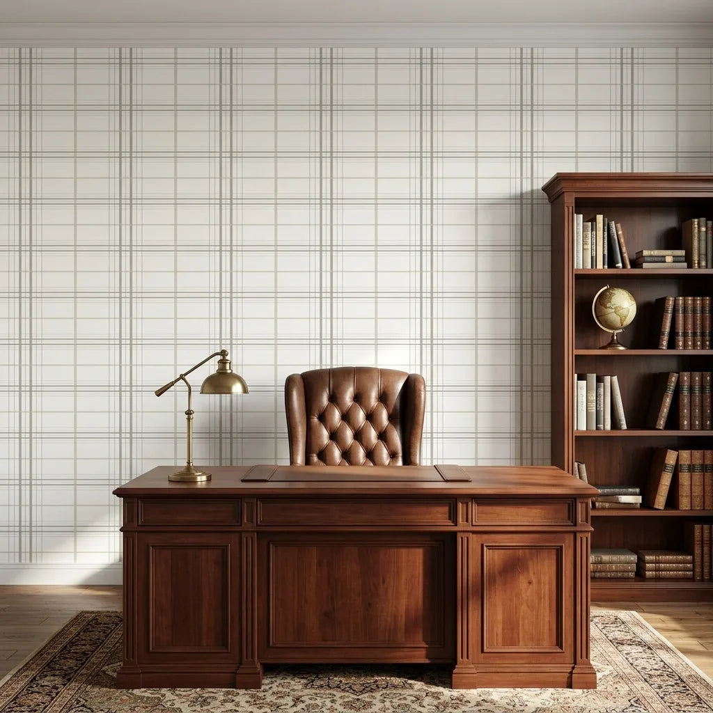 Home Office - A modern workspace features Lakeside Plaid wallpaper in White, Grey, Beige by York Wallcoverings, creating a cozy atmosphere.