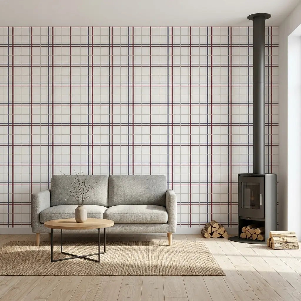 Living Room - with York Wallcoverings' Lakeside Plaid wallpaper in rich Burgundy, Navy, Beige tones.