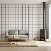 Living Room - with York Wallcoverings' Lakeside Plaid wallpaper in rich Burgundy, Navy, Beige tones.
