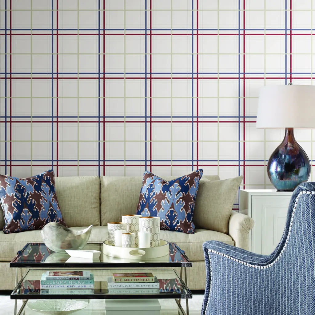 Cozy living room featuring Lakeside Plaid wallpaper in Burgundy, Navy, Beige by York Wallcoverings.