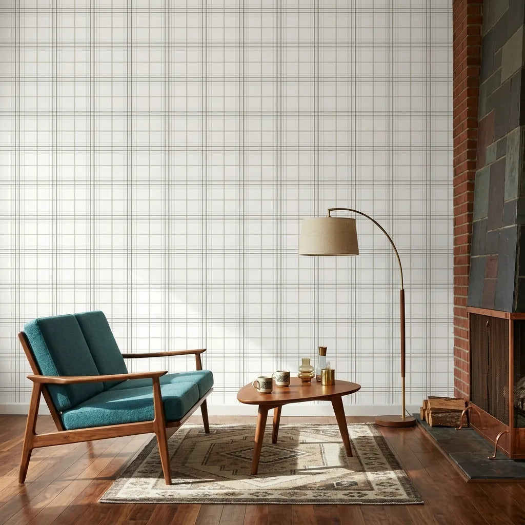 Living Room - White, Grey, Beige Lakeside Plaid wallpaper by York Wallcoverings adds cozy elegance to this inviting space.