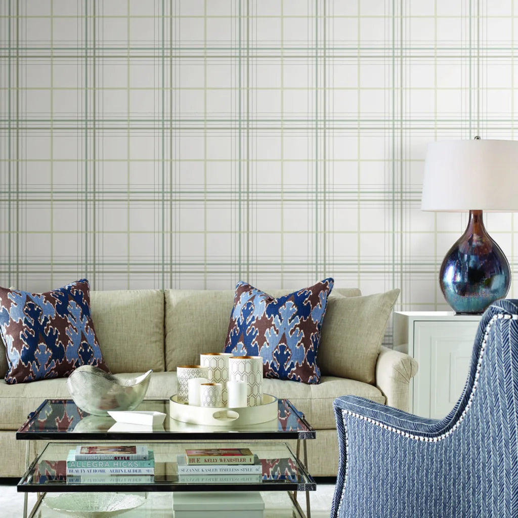 Stylish living room featuring Lakeside Plaid wallpaper in White, Grey, Beige by York Wallcoverings.