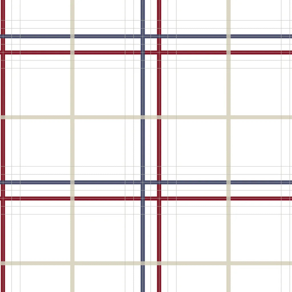 Lakeside Plaid wallpaper swatch by York Wallcoverings, showcasing a burgundy, navy, and beige plaid pattern.