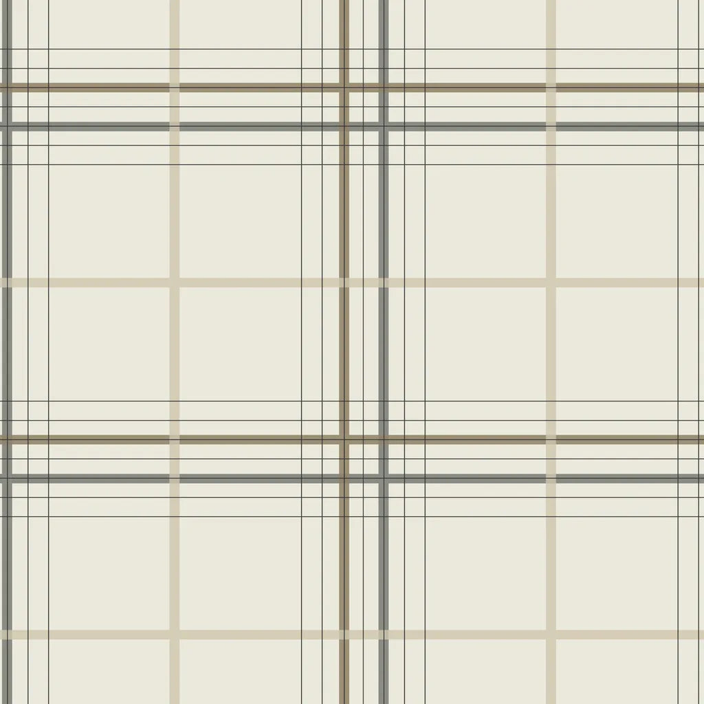 Lakeside Plaid wallpaper swatch by York Wallcoverings featuring a classic plaid pattern in warm ivory and neutral tones.