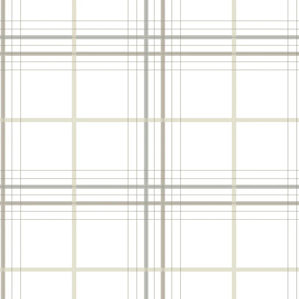 York Wallcoverings Lakeside Plaid wallpaper pattern swatch in White, Grey, and Beige.