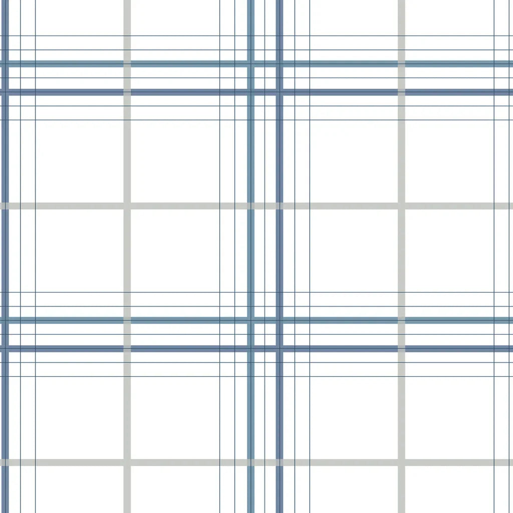York Wallcoverings Lakeside Plaid wallpaper pattern swatch in blue and grey.