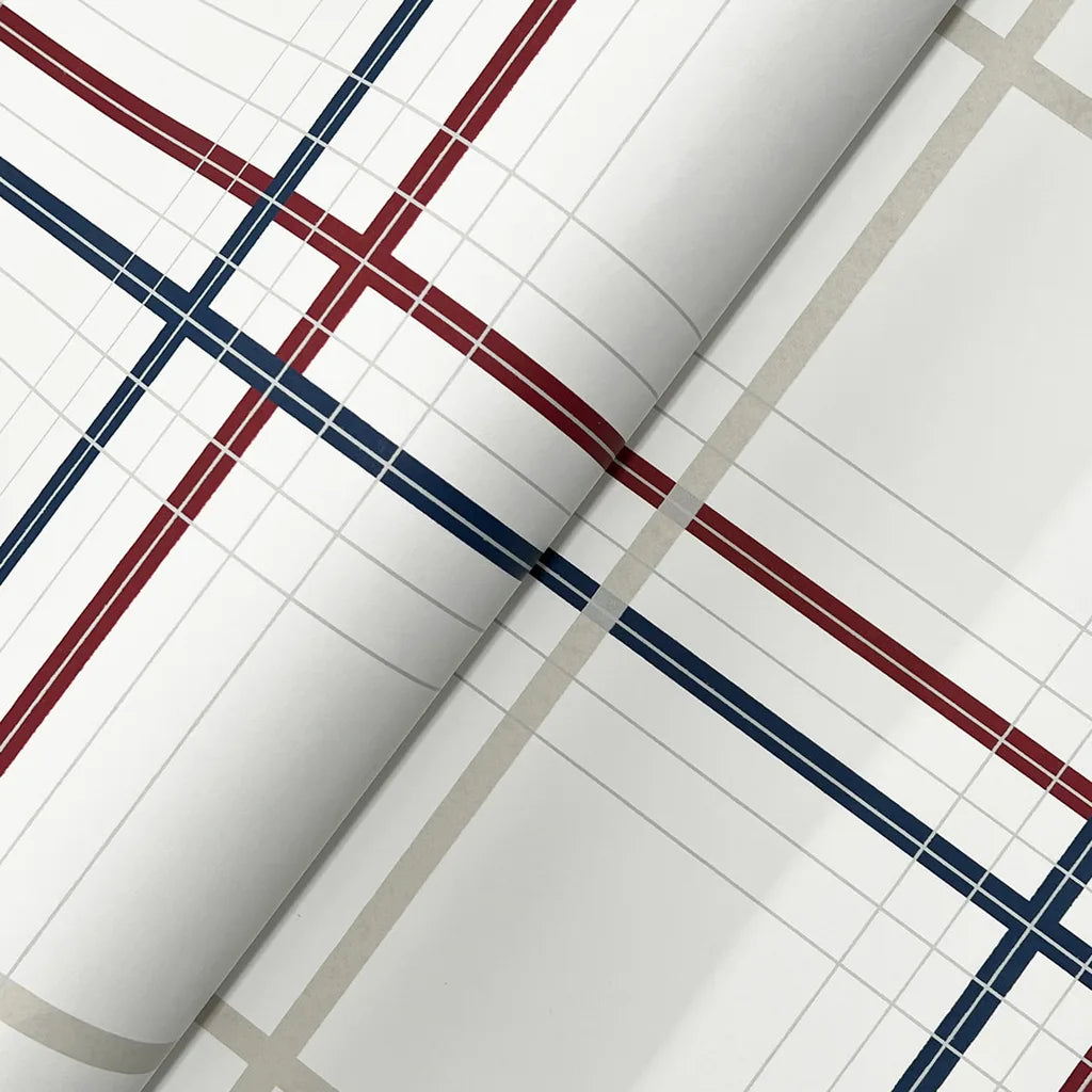 Close-up texture detail of Lakeside Plaid wallpaper in Burgundy, Navy, Beige by York Wallcoverings, showcasing its intricate pattern.