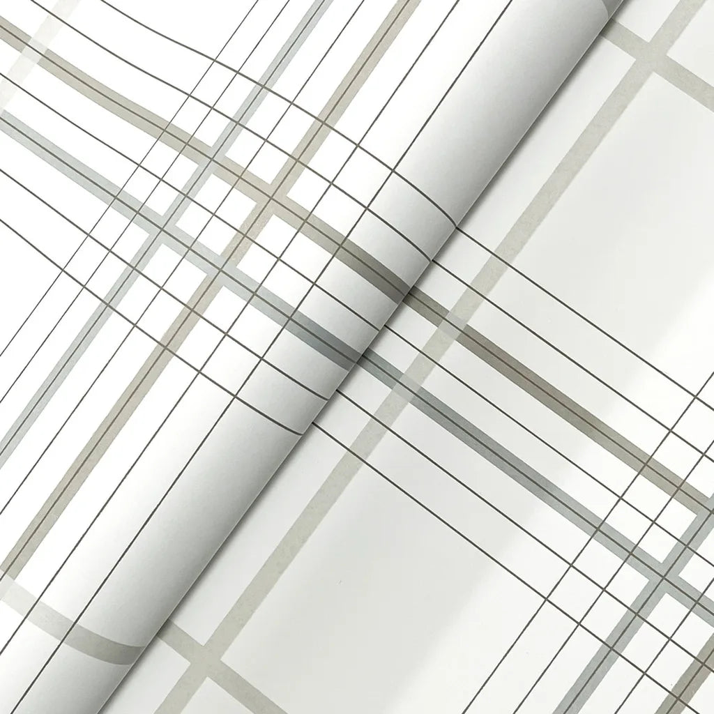 Close-up texture of York Wallcoverings' Lakeside Plaid wallpaper in soft White, Grey, and Beige, highlighting its woven pattern.