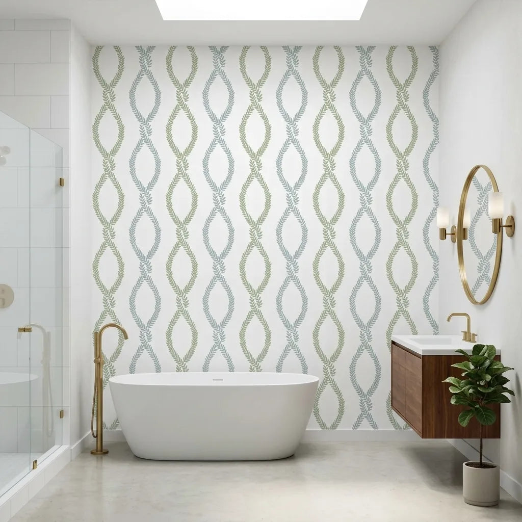 Bathroom - Elegant bathroom showcasing Laureate wallpaper in Green, Blue by York Wallcoverings, adding a sophisticated touch.