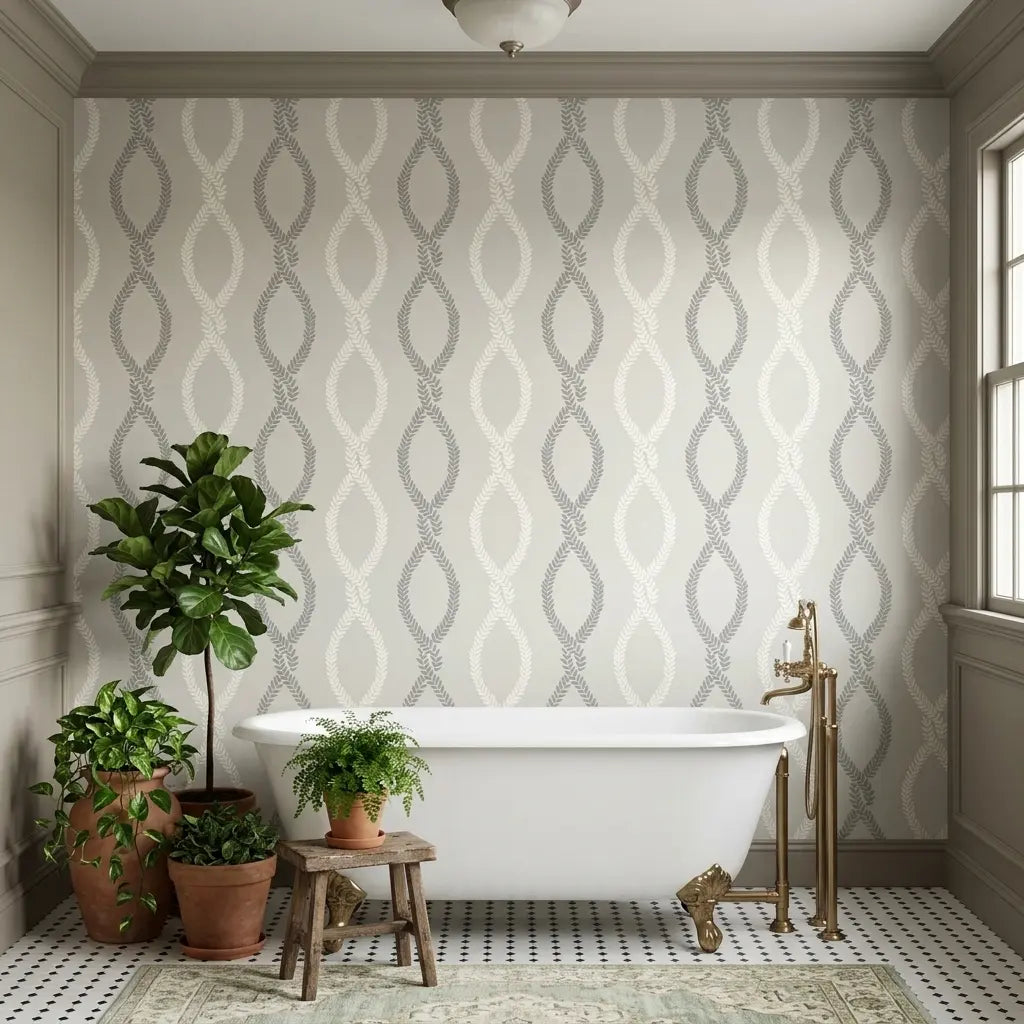 Bathroom - Elegant grey 'Laureate' wallpaper by York Wallcoverings adds sophistication to this modern space.