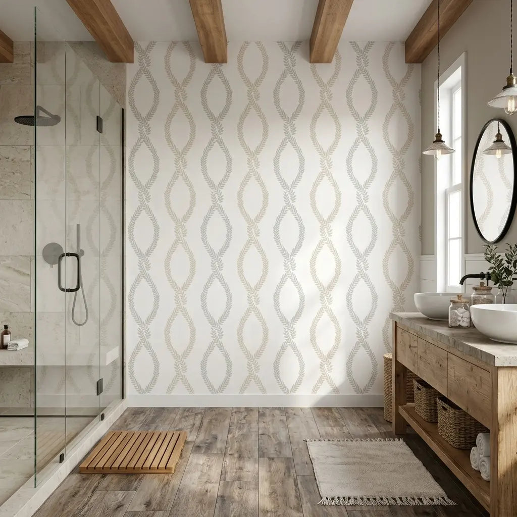Bathroom - Modern bathroom with 'Laureate' wallpaper in Beige, Grey by York Wallcoverings.