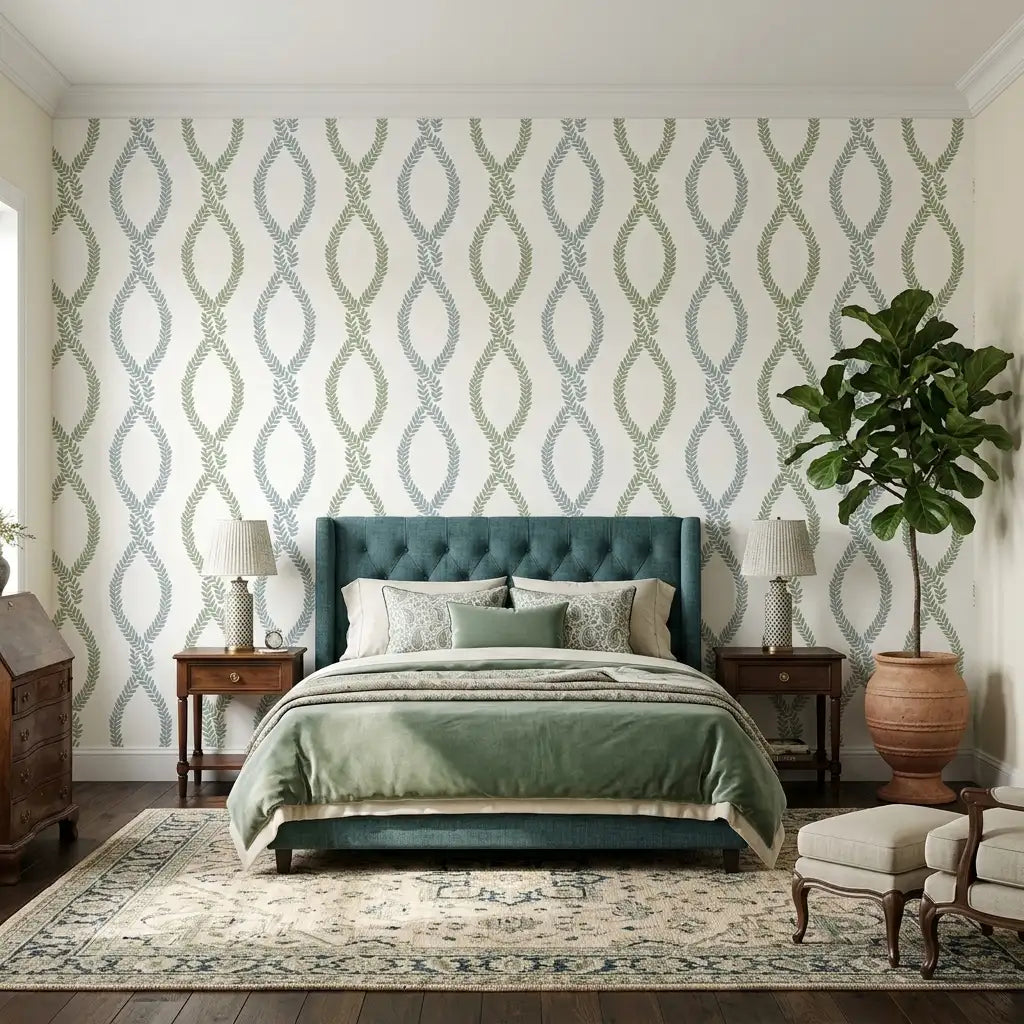 Bedroom - Modern bedroom with elegant Green and Blue Laureate wallpaper by York Wallcoverings, creating a serene and stylish space.