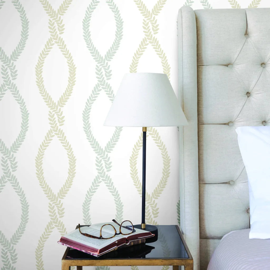 Bedroom featuring Laureate wallpaper in Beige, Grey by York Wallcoverings, creating a serene and stylish space.