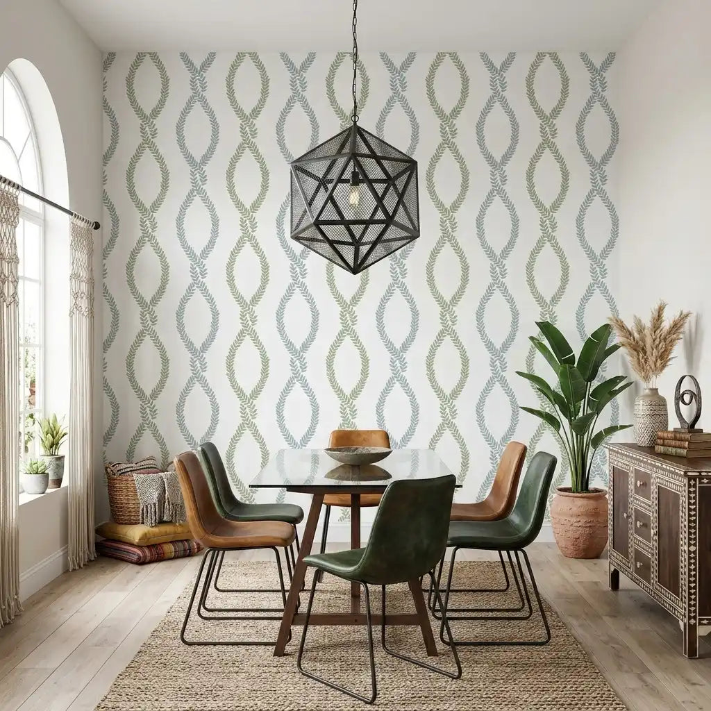 Dining Room - Elegant space with 'Laureate' wallpaper in Green & Blue from York Wallcoverings.
