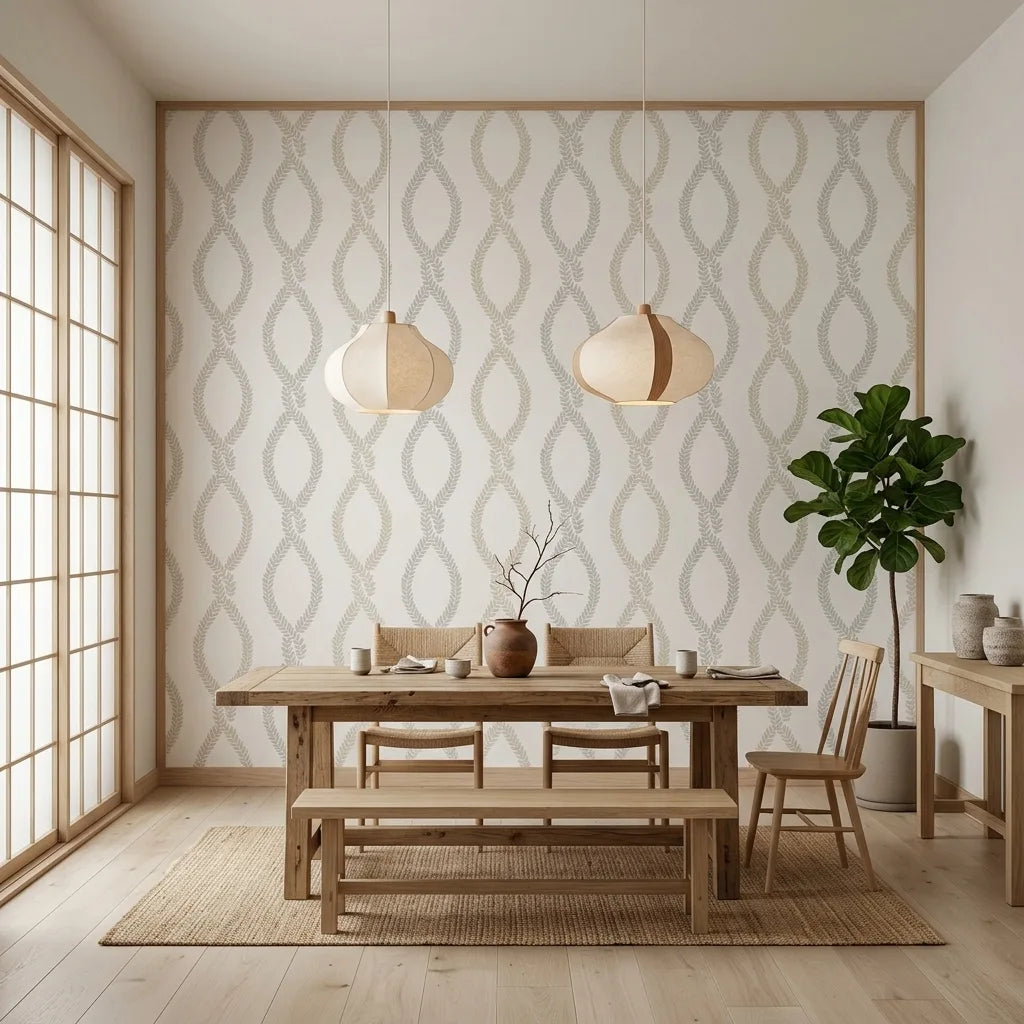 Dining Room - Elegant dining space showcasing York Wallcoverings' Laureate wallpaper in stylish beige and grey tones.