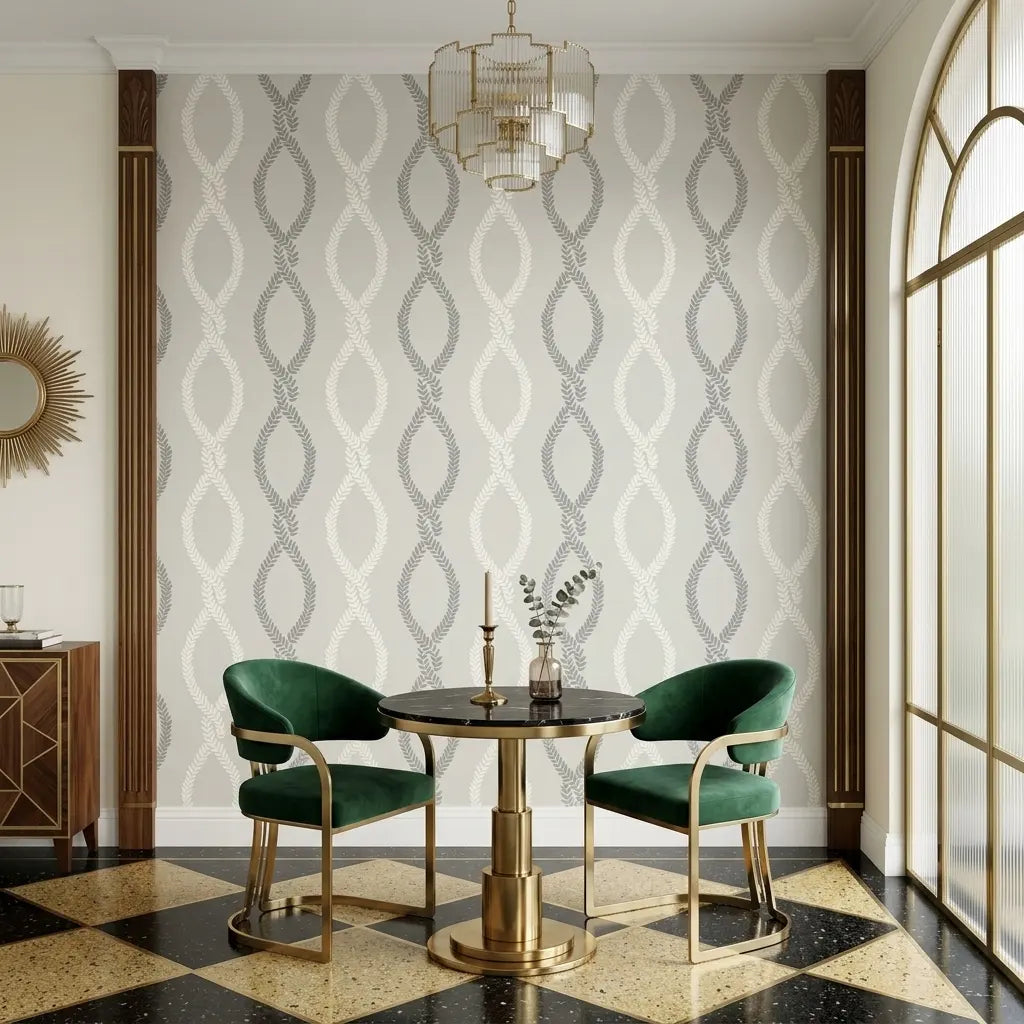 Dining Room - A chic dining room design highlighting 'Laureate' wallpaper in Grey by York Wallcoverings for timeless style.