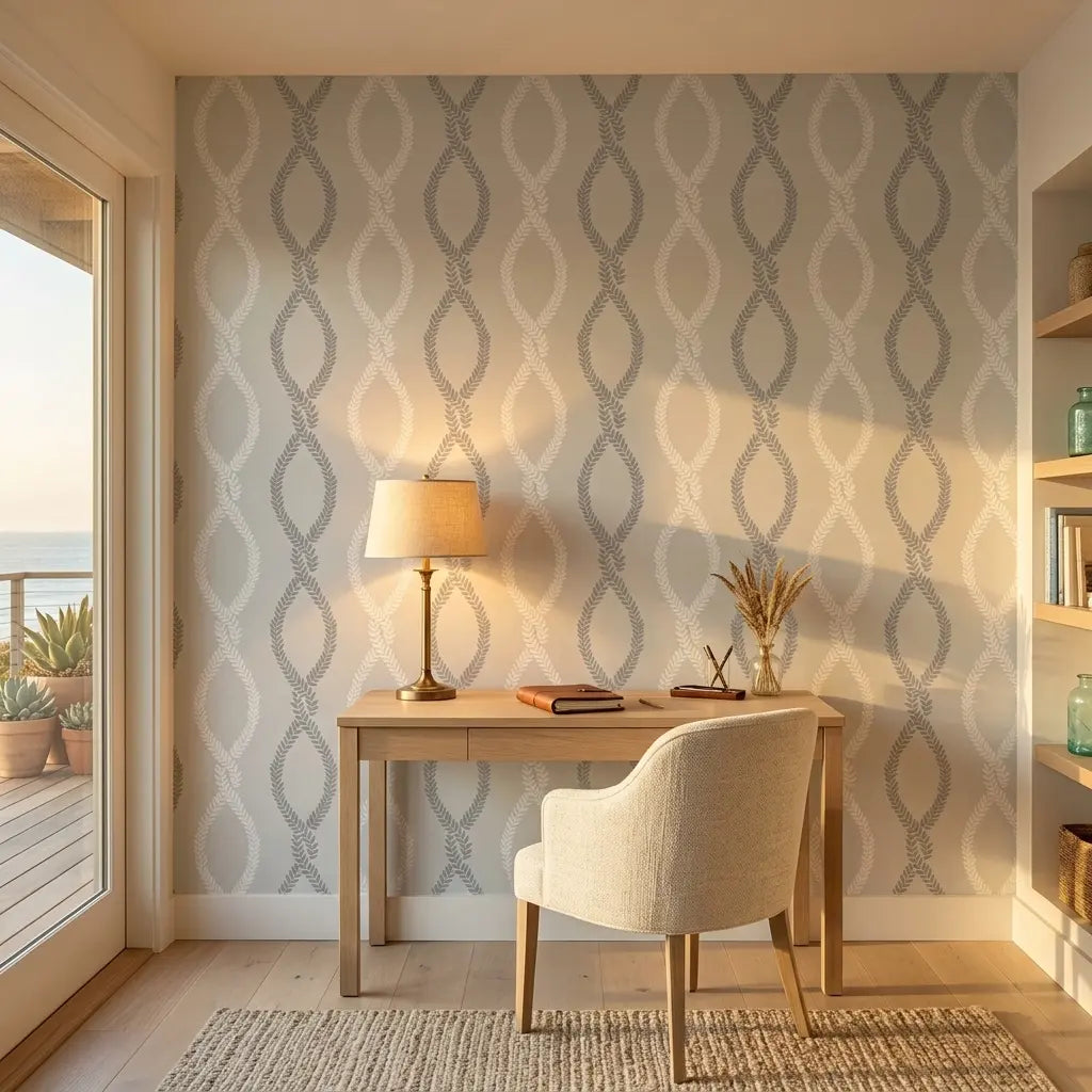 Home Office - Productive workspace featuring elegant Grey Laureate wallpaper by York Wallcoverings.