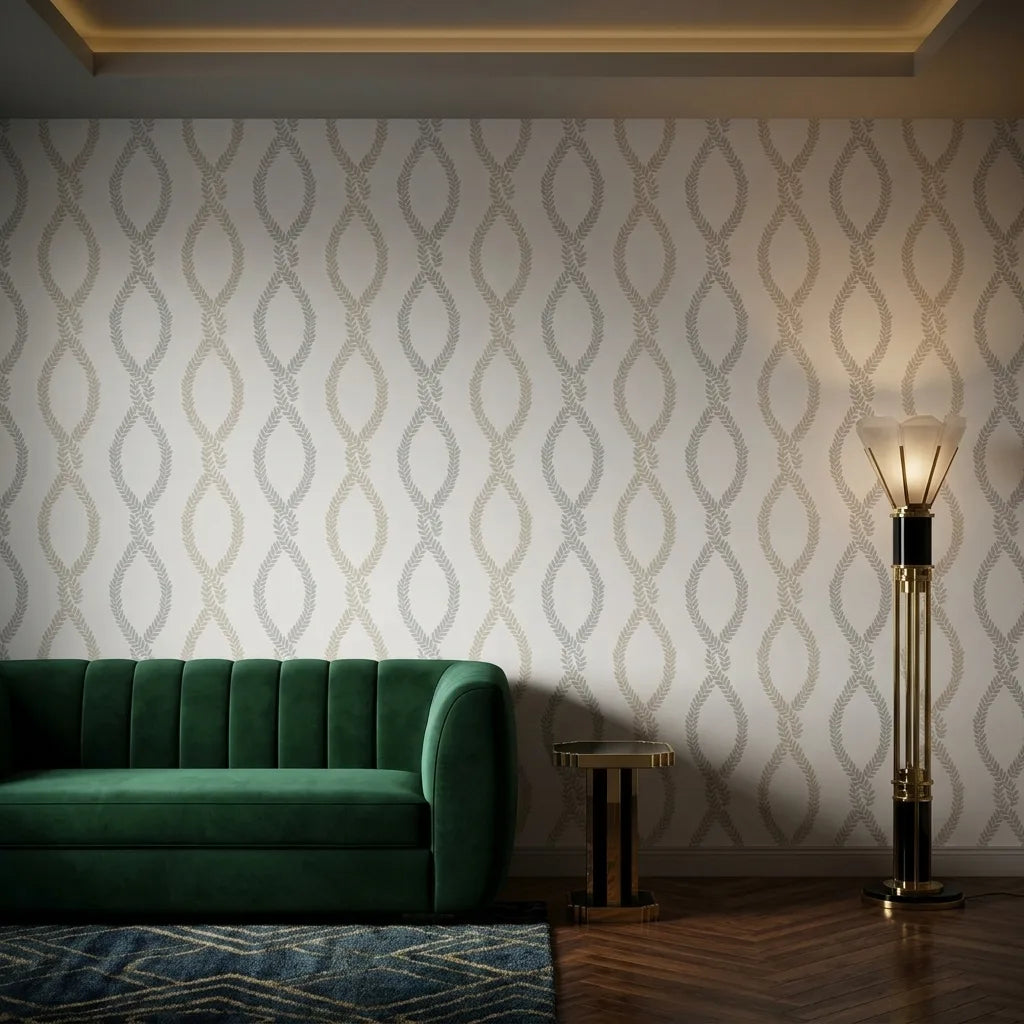 Living Room - Sophisticated living room showcasing "Laureate" wallpaper in beige and grey from York Wallcoverings.