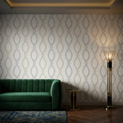 Living Room - Sophisticated living room showcasing "Laureate" wallpaper in beige and grey from York Wallcoverings.