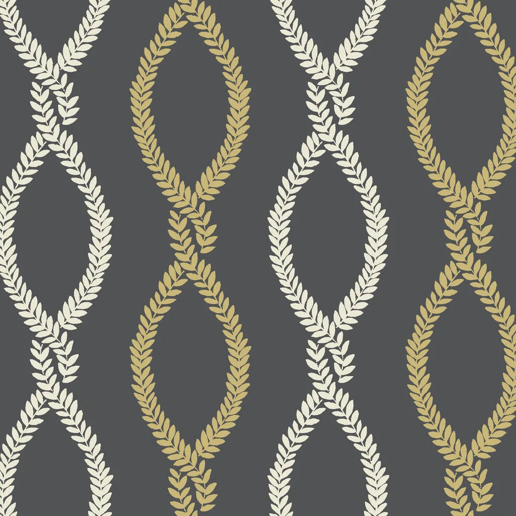 Laureate wallpaper pattern swatch in Charcoal and Gold by York Wallcoverings.