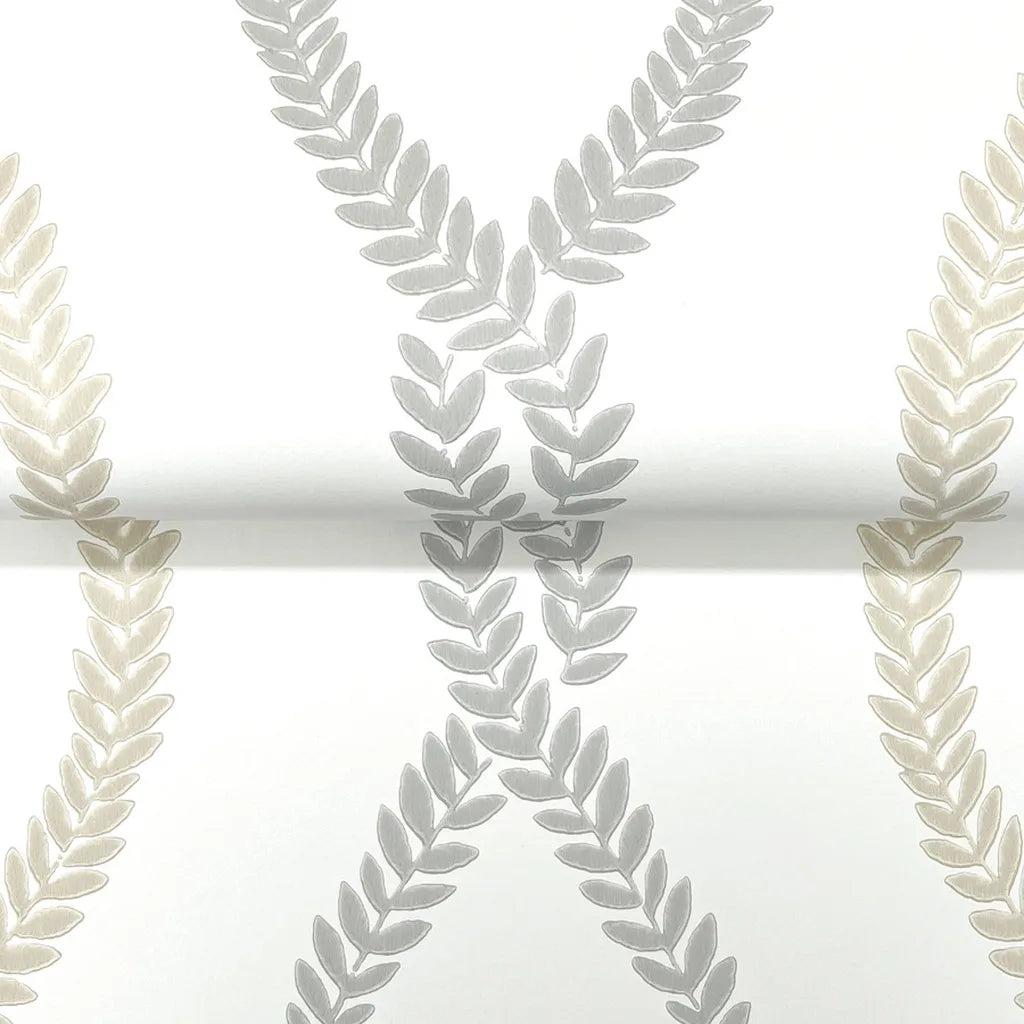 Close-up texture detail of York Wallcoverings' Laureate wallpaper in elegant beige and grey tones.