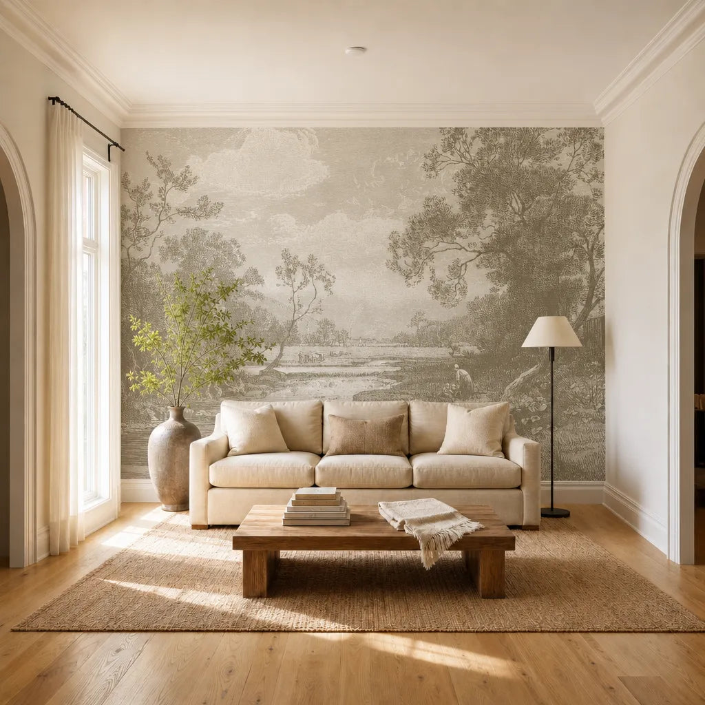 Living Room - A bright living room features a cream sofa with neutral pillows, a low wooden coffee table with books, and a slim floor lamp. The wall showcases Decor2Go's Tranquil Horizons Scenic Wallpaper Mural, while the floor is light hardwood.
