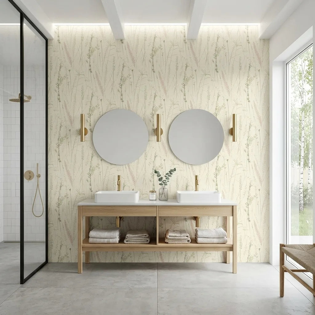 Bathroom - "Meadow Splendor" floral wallpaper by York Wallcoverings in Pink, Green, Cream brightens this space.
