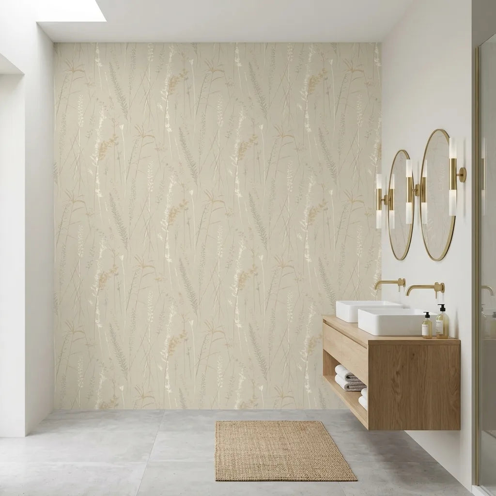 Bathroom - Meadow Splendor wallpaper by York Wallcoverings in Gold, Grey, Taupe provides an elegant, nature-inspired design.