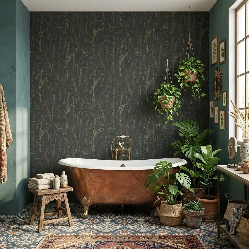 Bathroom - Elegant bathroom showcasing 'Meadow Splendor' wallpaper by York Wallcoverings in Black, Pink, Green for a vibrant look.