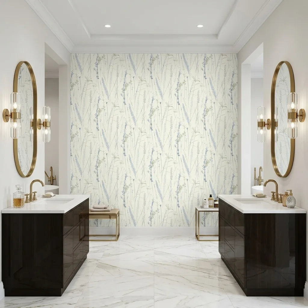 Bathroom - Meadow Splendor wallpaper in Blue, Olive, Cream by York Wallcoverings adds elegant floral style to this space.