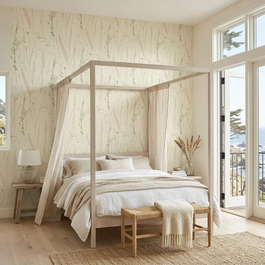 Bedroom - "Meadow Splendor" wallpaper in Pink, Green, Cream by York Wallcoverings creates a serene and stylish feature wall.