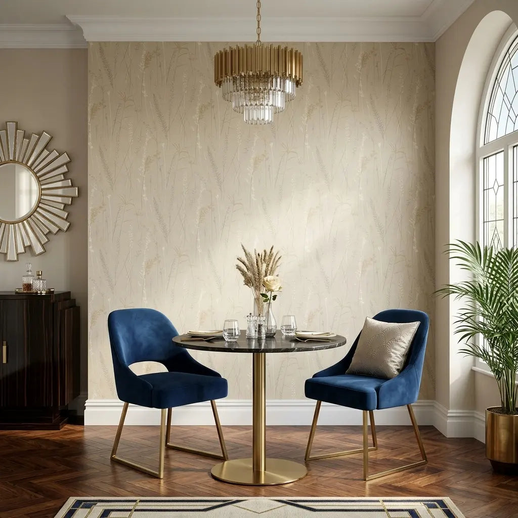 Dining Room - Elegant space featuring York Wallcoverings' Meadow Splendor wallpaper in Gold, Grey, and Taupe tones.