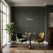 Dining Room - Elegant dining room with 'Meadow Splendor' wallpaper in Black, Pink, Green by York Wallcoverings.