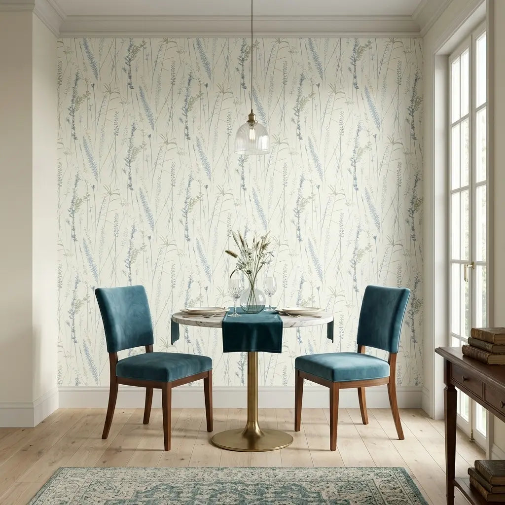 Dining Room - 'Meadow Splendor' wallpaper by York Wallcoverings in blue, olive, and cream hues creates an elegant space.