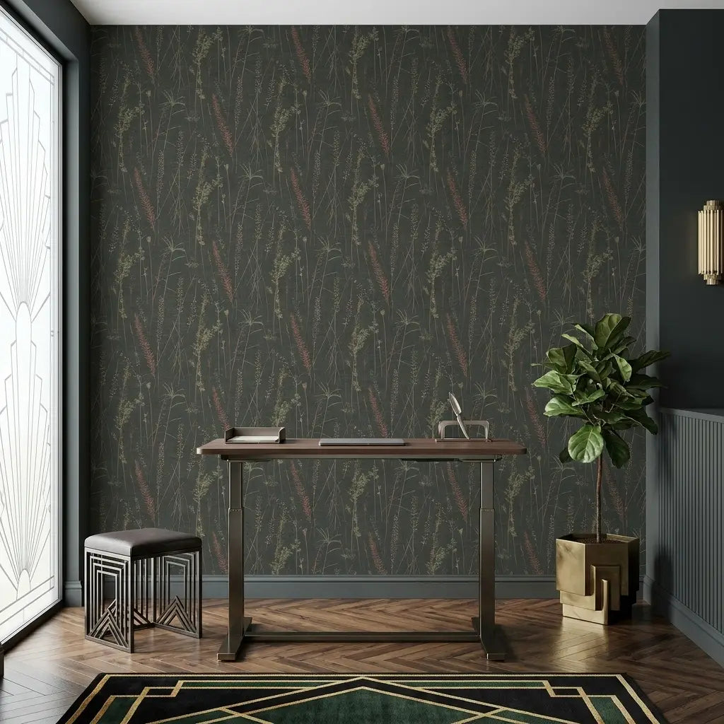 Home Office - Stylish room featuring 'Meadow Splendor' wallpaper by York Wallcoverings, showcasing Black, Pink, Green floral patterns.