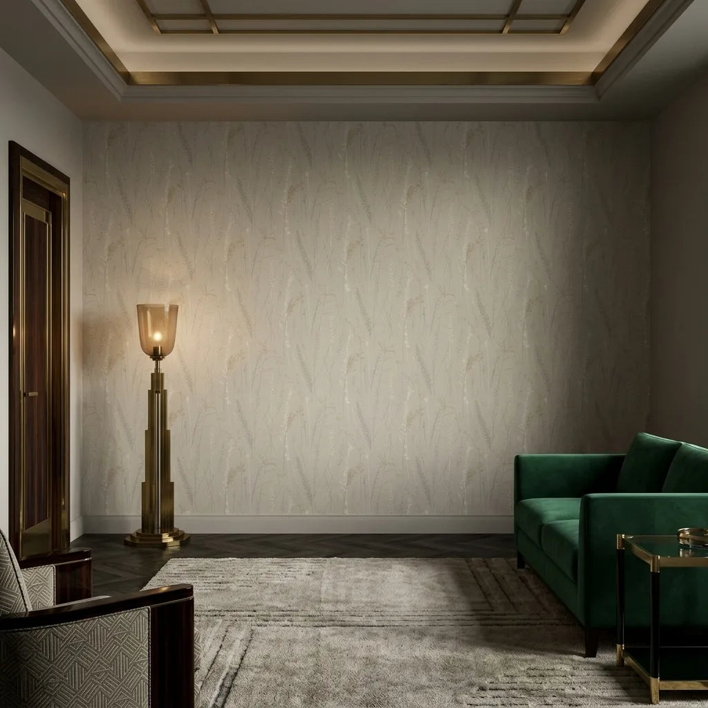 Living Room - Elegant living room showcasing York Wallcoverings' 'Meadow Splendor' wallpaper in Gold, Grey, Taupe.