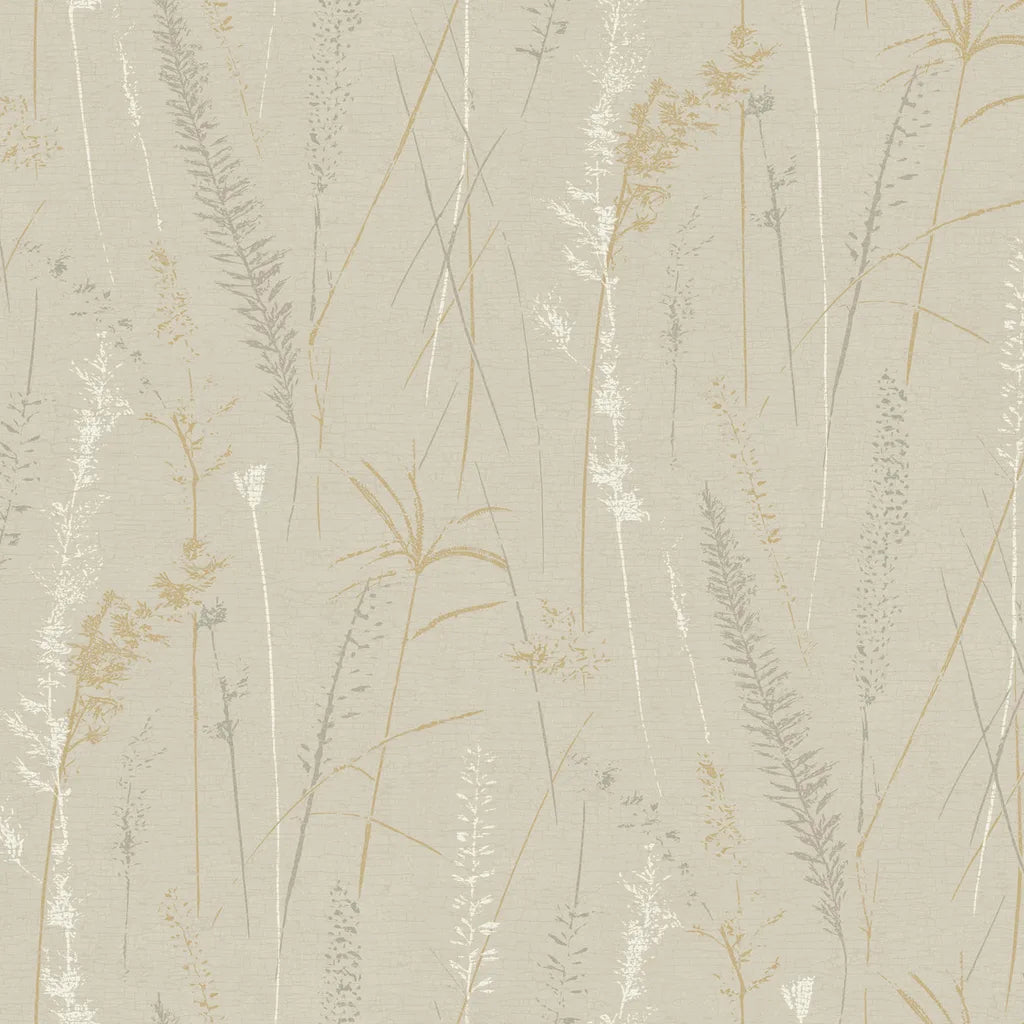 York Wallcoverings 'Meadow Splendor' wallpaper pattern swatch showcasing its design in gold, grey, and taupe colors.