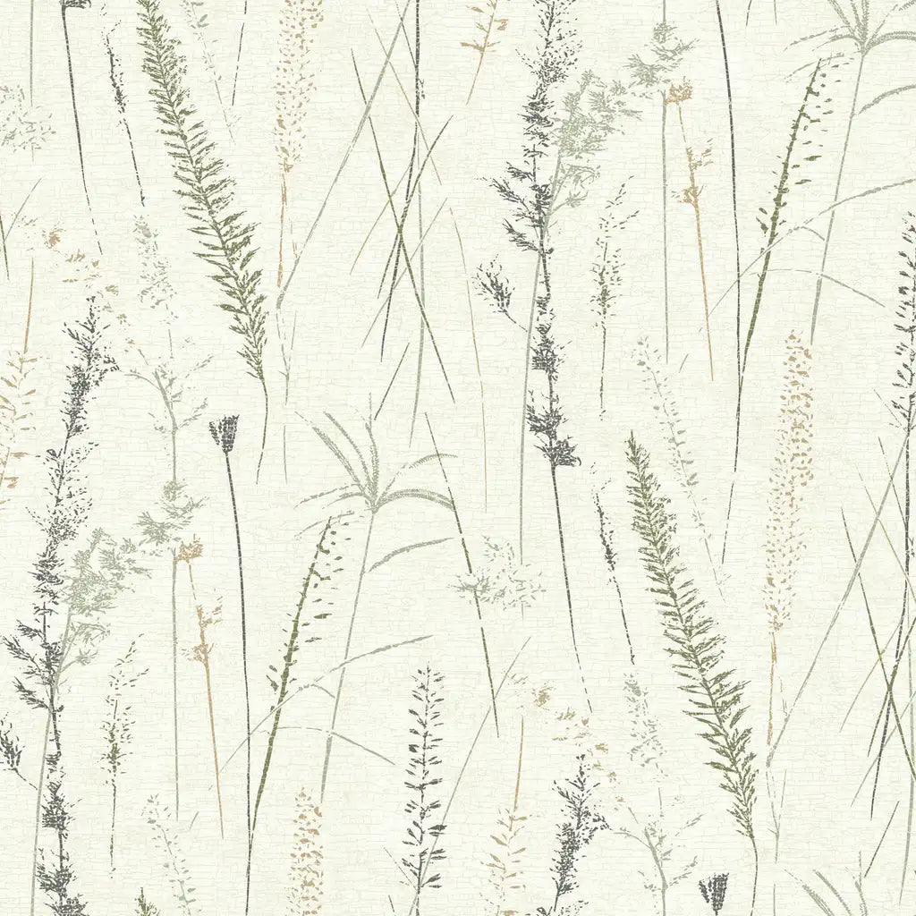 A 'Meadow Splendor' wallpaper pattern swatch in green, grey, and cream by York Wallcoverings (SKU LL3240).