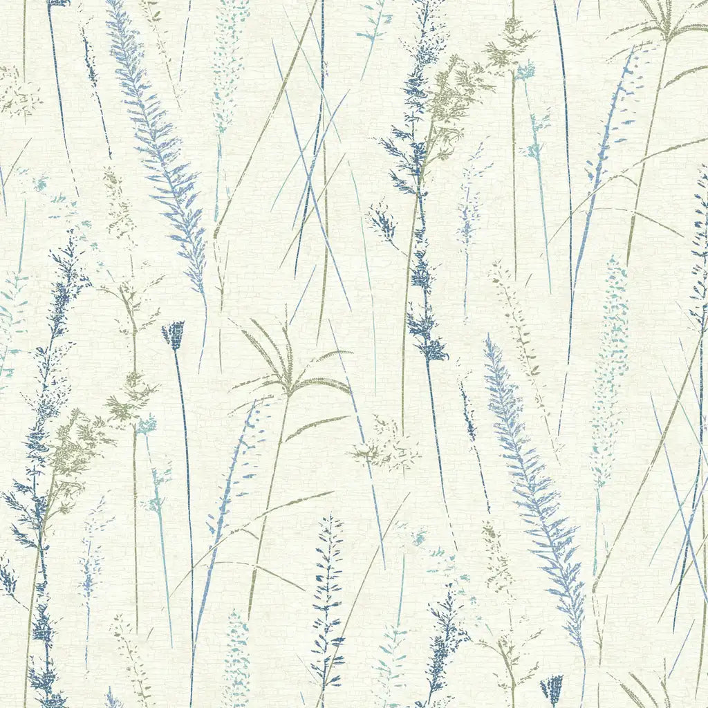 Meadow Splendor wallpaper pattern swatch by York Wallcoverings (SKU LL3242) features a delicate floral design in harmonious shades of Blue, Olive, and Cream.