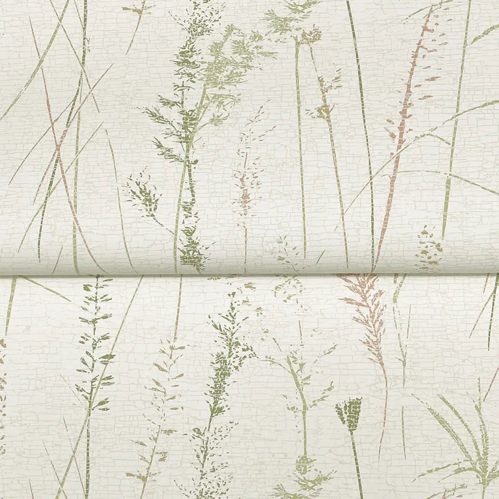 Close-up texture detail of "Meadow Splendor" wallpaper by York Wallcoverings, featuring pink, green, and cream hues.