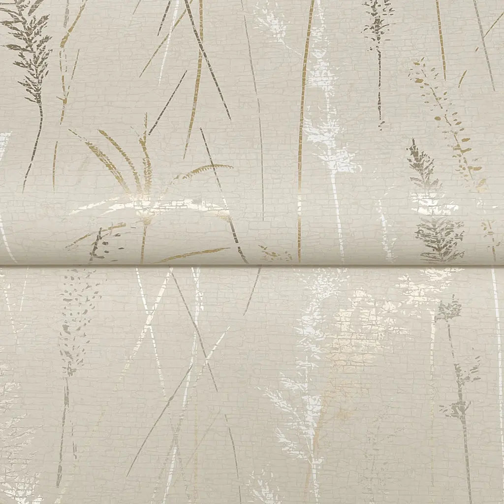 Close-up texture detail of York Wallcoverings' Meadow Splendor wallpaper in Gold, Grey, Taupe, highlighting intricate patterns.