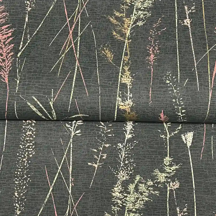 Close-up texture of York Wallcoverings' Meadow Splendor wallpaper, showcasing Black, Pink, and Green floral details.