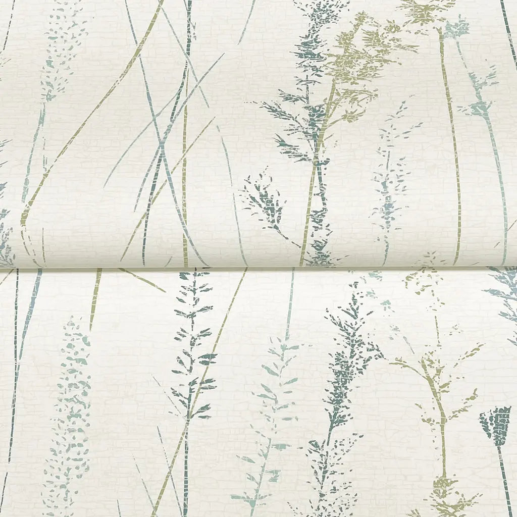Close-up texture of York Wallcoverings 'Meadow Splendor' wallpaper in Blue, Olive, Cream, highlighting intricate details.