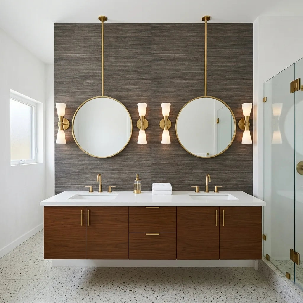Bathroom - Stylish bathroom featuring Misty Hemp wallpaper in Brown and Charcoal by York Wallcoverings.