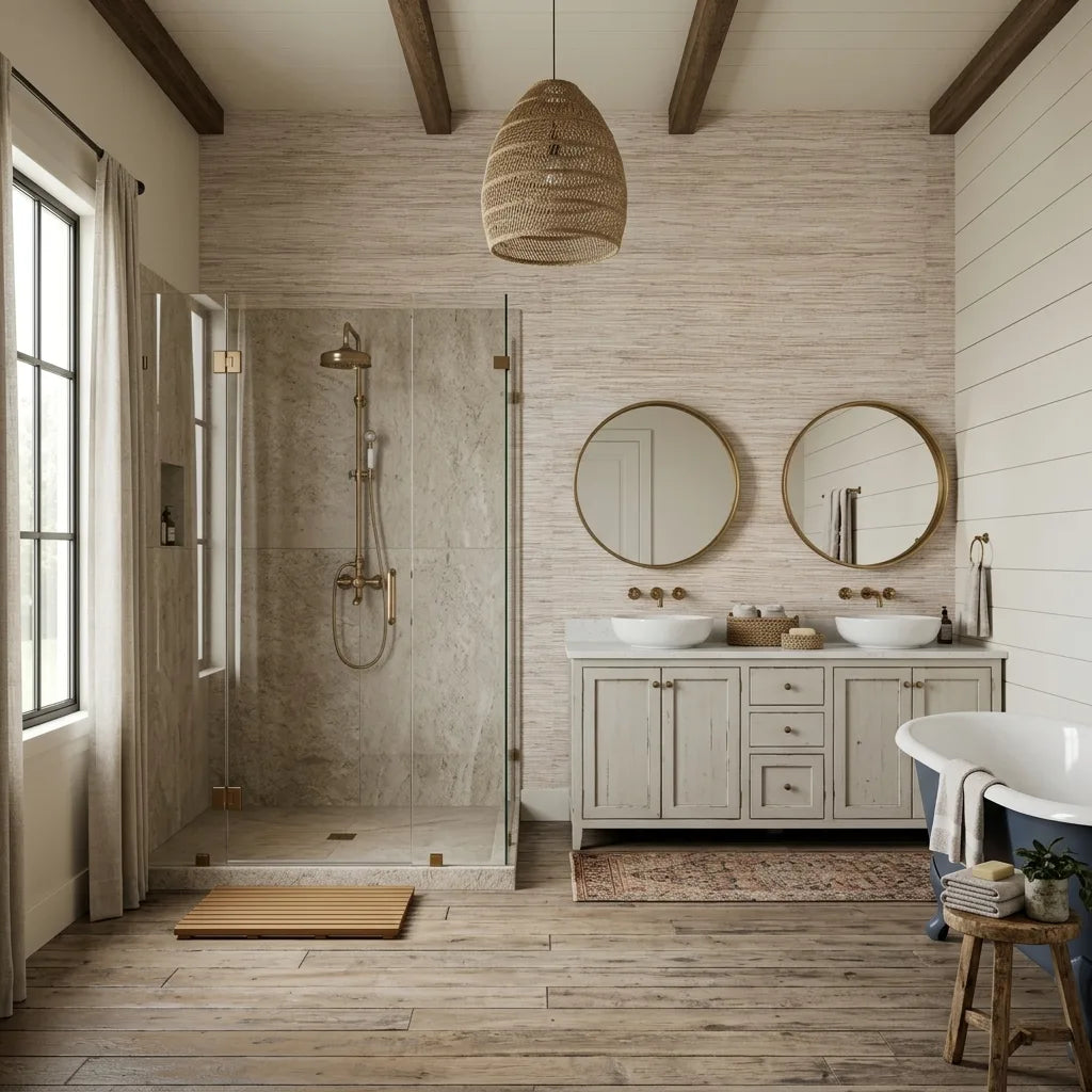 Bathroom - Textured Misty Hemp wallpaper in Misty Beige by York Wallcoverings enhances this bathroom's sophisticated, earthy aesthetic.