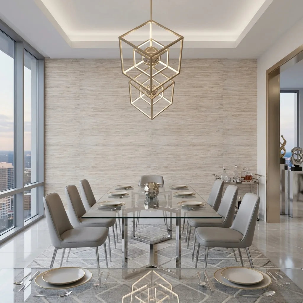 Dining Room - Elegant dining room showcasing Misty Hemp wallpaper in Misty Beige by York Wallcoverings, creating a serene ambiance.