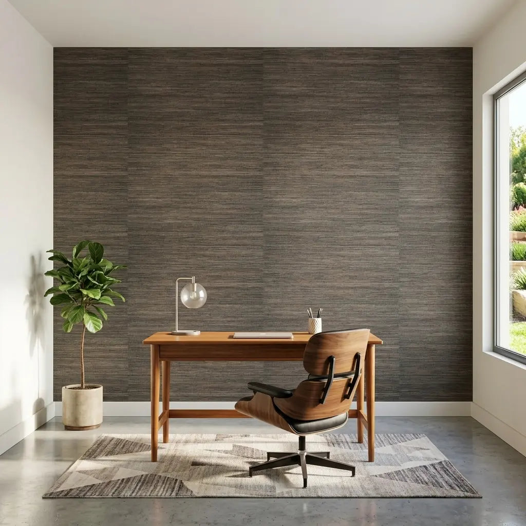 Home Office - Stylish workspace featuring Misty Hemp wallpaper in Brown and Charcoal by York Wallcoverings for a sophisticated look.