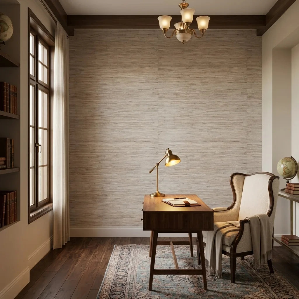 Home Office - Stylish workspace featuring Misty Hemp wallpaper in Misty Beige by York Wallcoverings, creating a serene, modern design.
